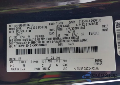 2019 Ford F-150 Xlt из США, поврежденный, VIN 1FTEW1E49KKC00808